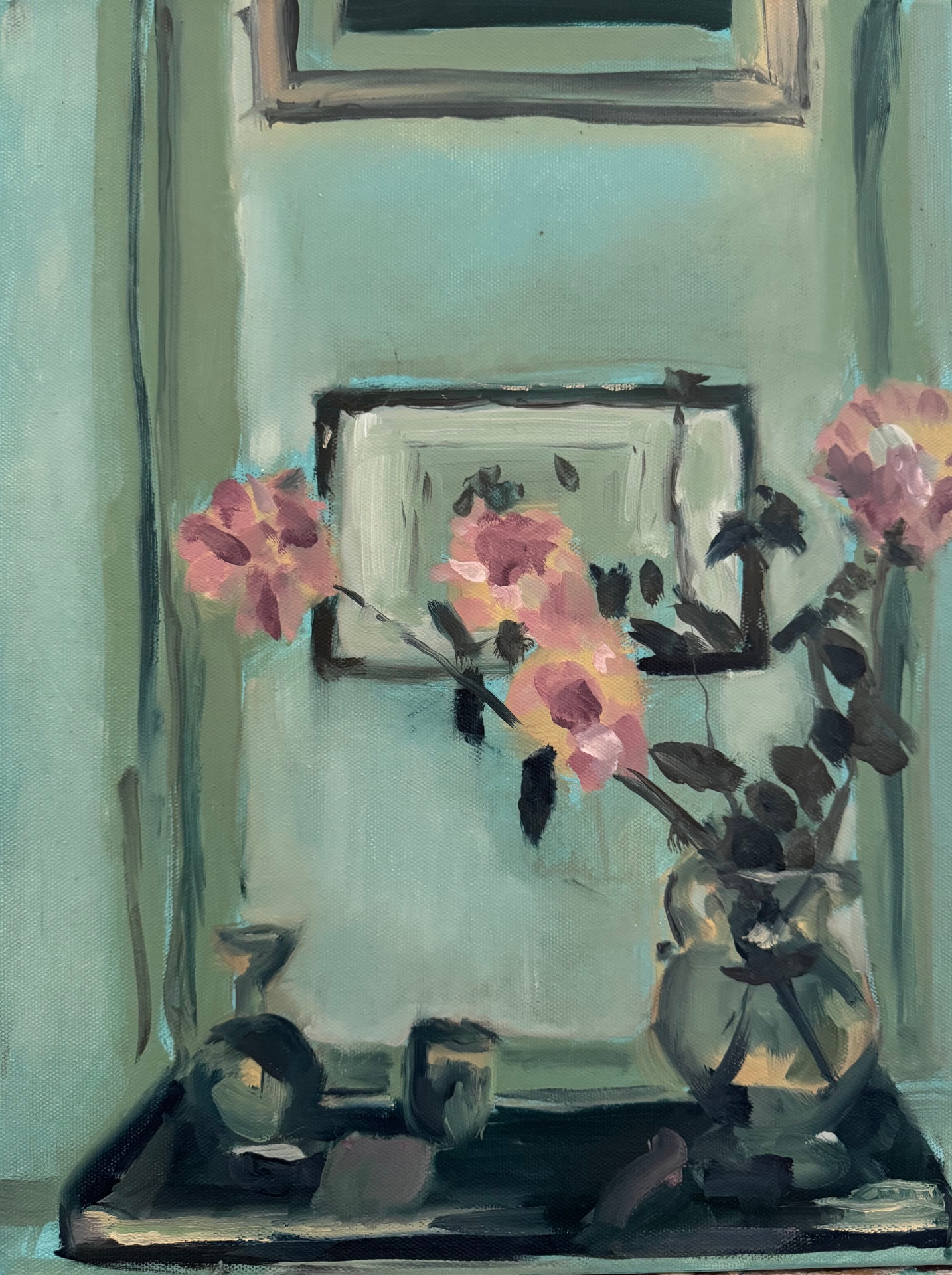 Daydreaming — a still life painting of pink and yellow flowers in a glass vase