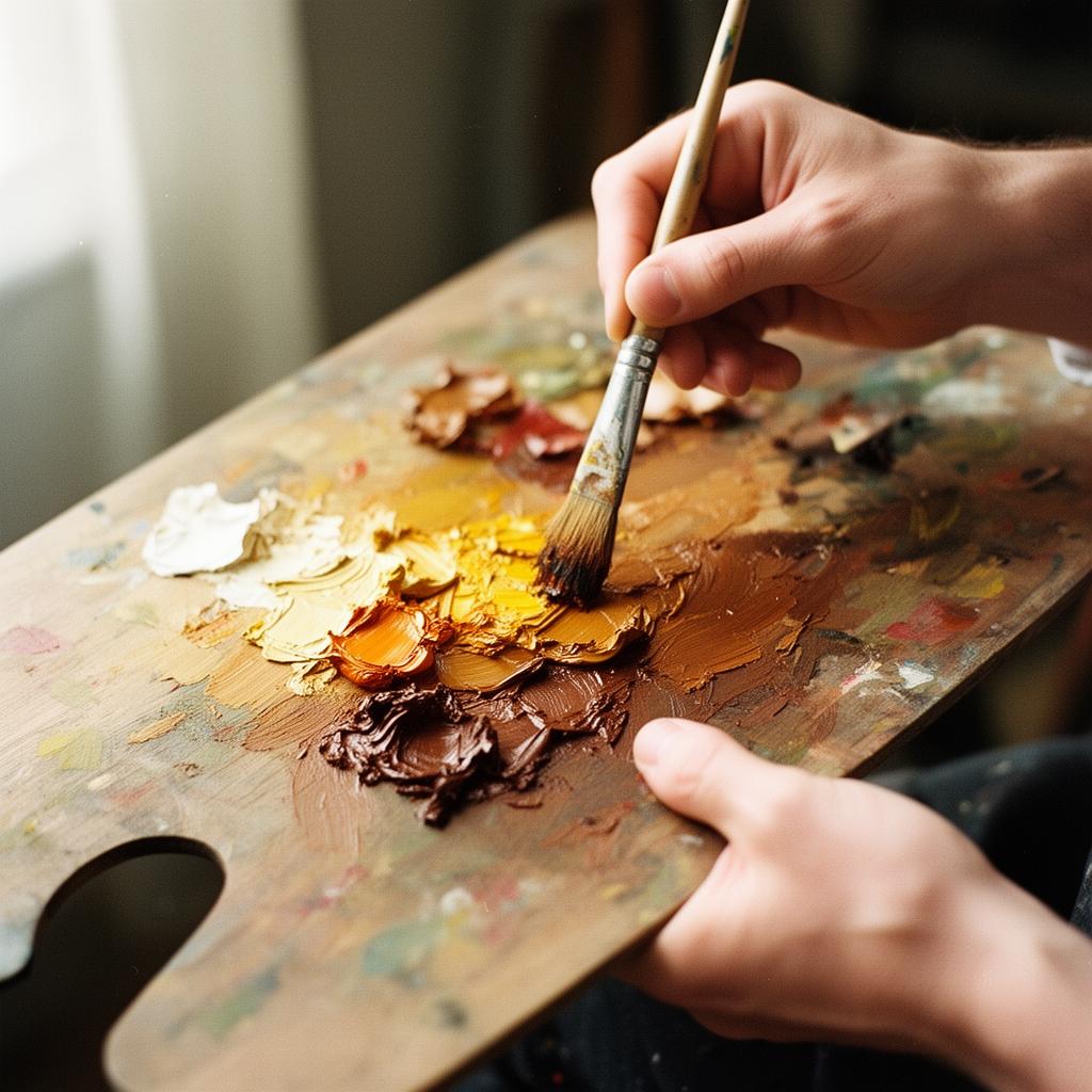Artist's hands mixing oil paint on a wooden palette